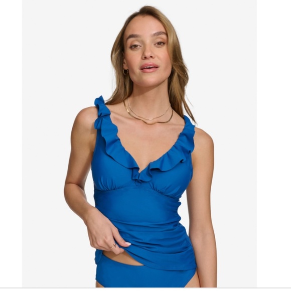 NWT Dkny Women's Ruffled Tummy-Control Tankini Top - Pacific Blue, NWT - Picture 1 of 1